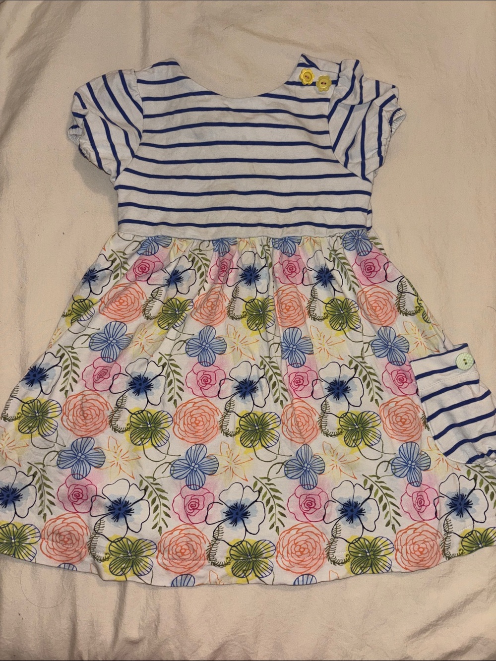 Matilda Jane White & Blue Striped dress with Multicolor Floral Skirt